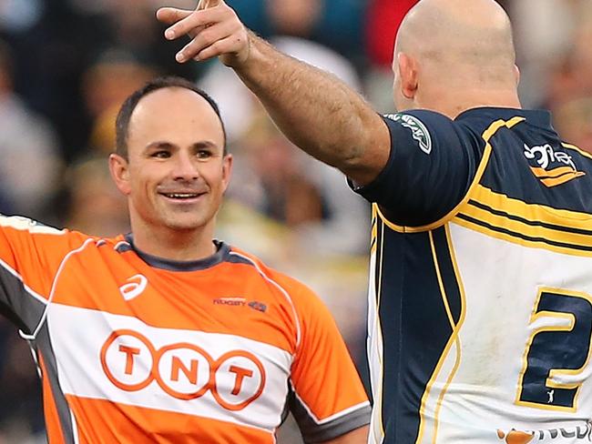 CANBERRA, AUSTRALIA - JUNE 13: Stephen Moore of the Brumbies speaks to the referee Jaco Peyper during the round 18 Super Rugby match between the Brumbies and the Crusaders at GIO Stadium on June 13, 2015 in Canberra, Australia. (Photo by Stefan Postles/Getty Images)