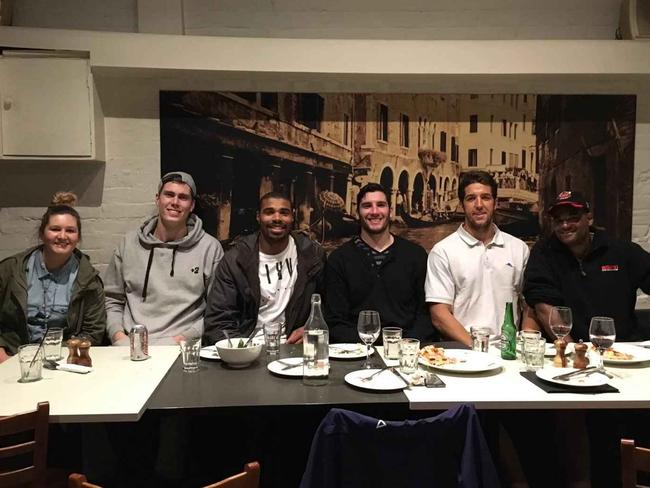 Alex Aurrichio (second from the right) out to dinner with friends including (from left) unknown female, Mason Cox, Jason Holmes, Matt Korcheck and Gil Griffin. Picture: Supplied.