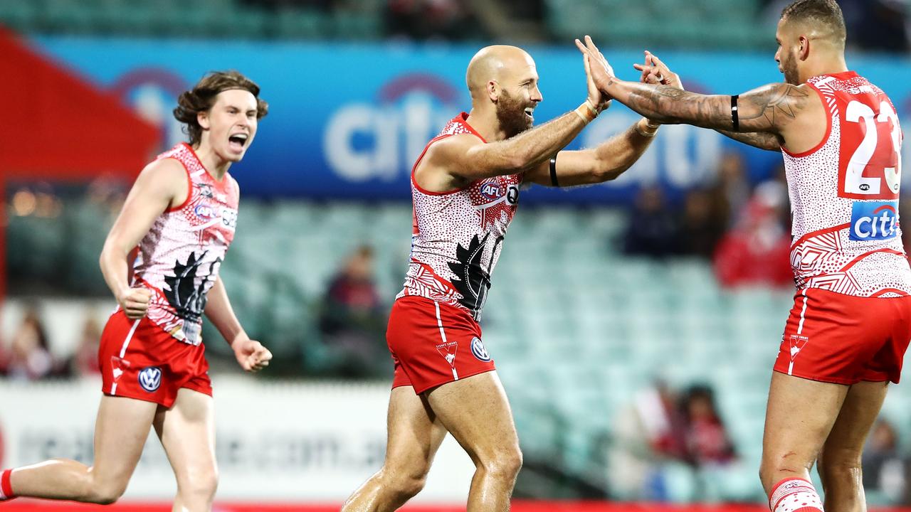 Jarrad McVeigh celebrates a goal with Lance Franklin on Friday night.