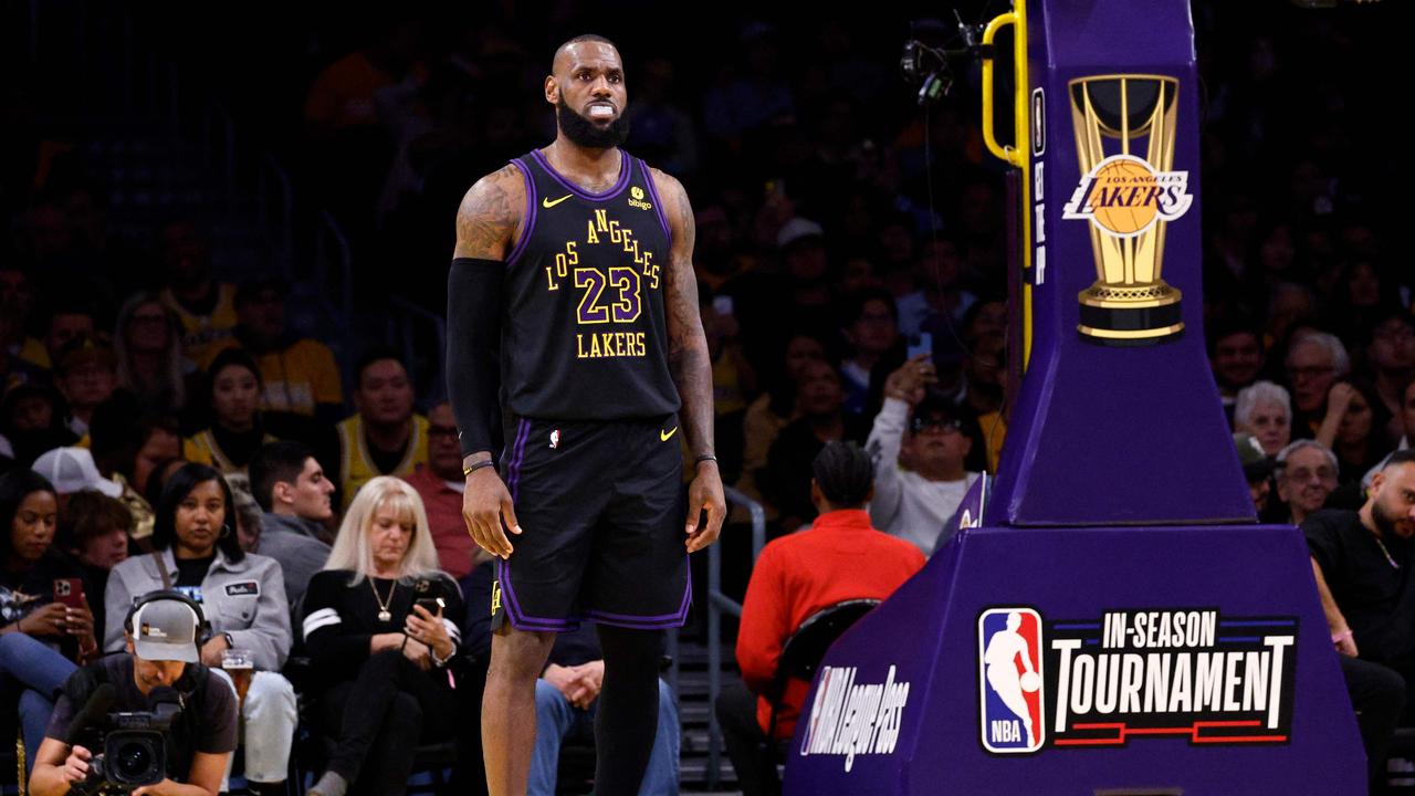 LeBron James #23 of the Los Angeles Lakers looks down court during a break in the first half against the Utah Jazz in an NBA In-Season Tournament game at Crypto.com Arena on November 21, 2023 in Los Angeles, California. (Photo by KEVORK DJANSEZIAN / GETTY IMAGES NORTH AMERICA / Getty Images via AFP)