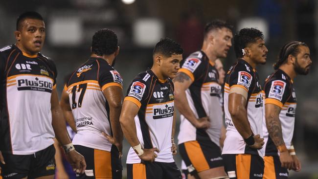 Dejected Brumbies players after the late loss. Picture: AAP