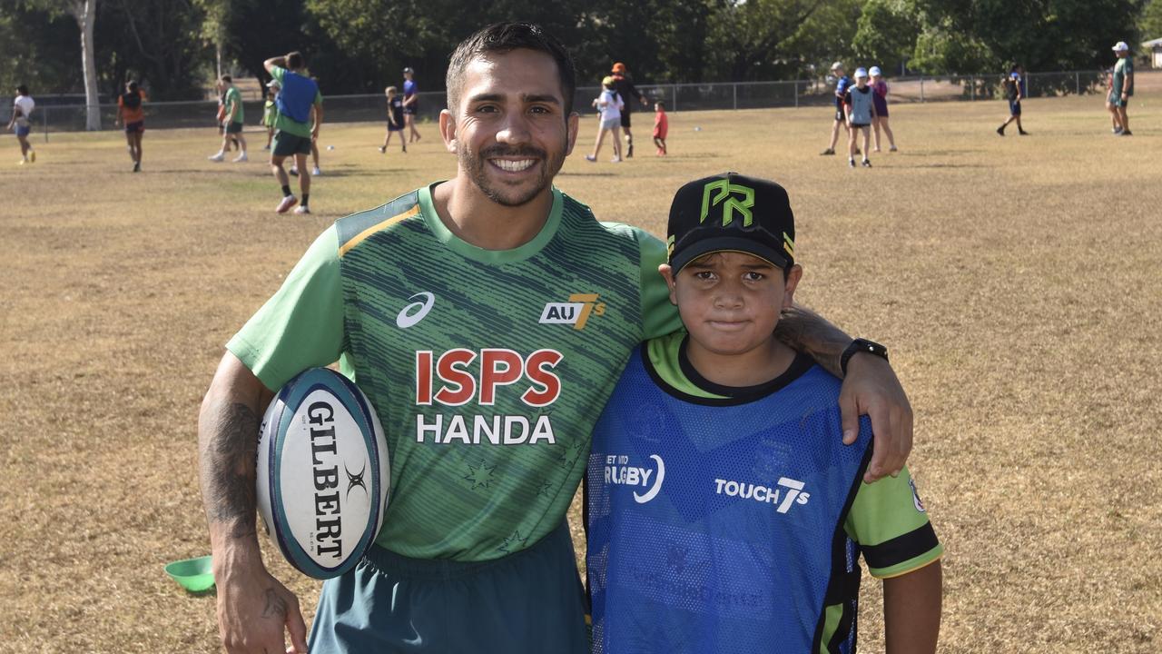 Maurice 'Moz' Longbottom with Hunter Aitcheson during the Australian 7s trip to the Top End. Picture: Darcy Jennings.