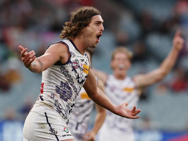 MELBOURNE, AUSTRALIA - MAY 27 :  AFL Round 11. Melbourne vs Fremantle at the MCG . Luke Jackson of the Dockers  celebrates a 3rd quarter goal towards the benches  .  Pic: Michael Klein