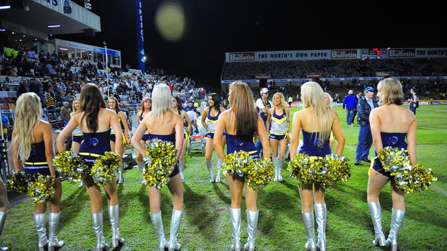 Genesis Spirit Cheerleaders perform for the crowd at Dairy Farmers Stadium before the North Queensland Cowboys and Sydney Roosters match in Townsville.