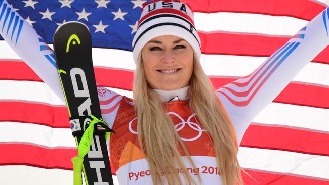 Lindsey Vonn, third placed, celebrates during the victory ceremony of the women's Downhill at the Jeongseon Alpine Centre. Picture: AFP