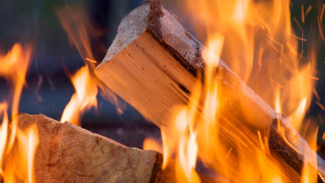 Burning firewood at campfire