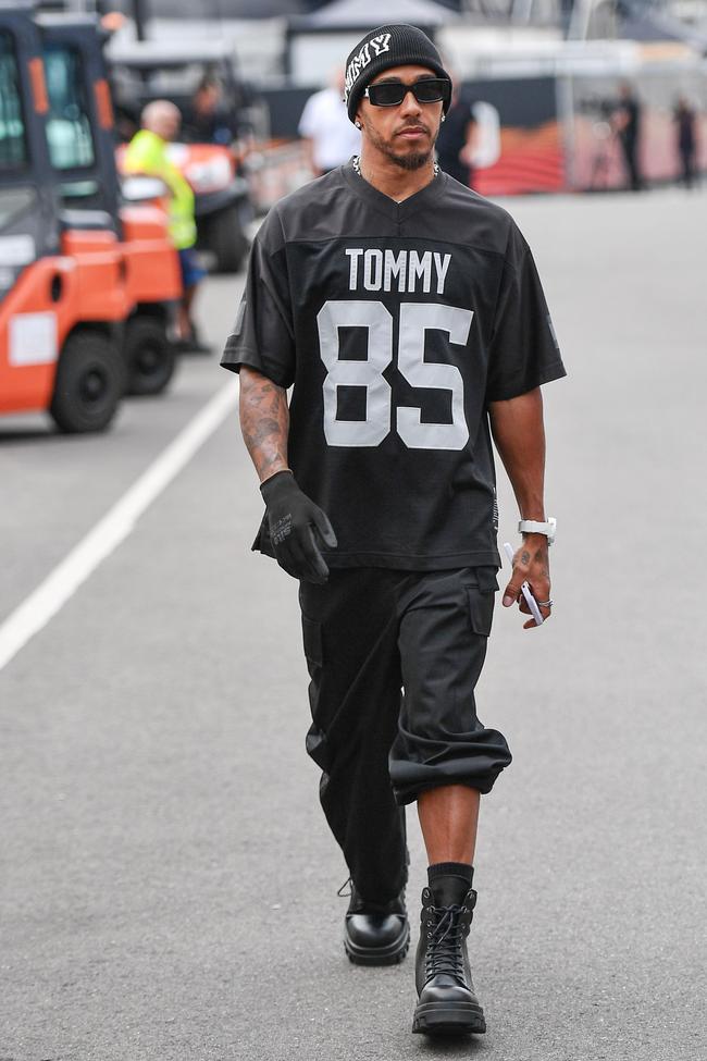 Lewis Hamilton wears Tommy Hilfiger at the Netherlands Grand Prix.