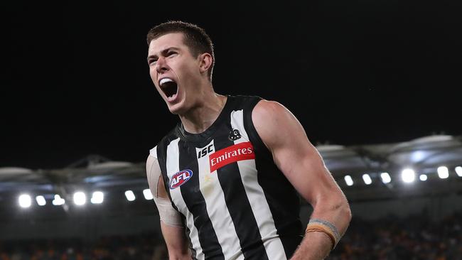 Mason Cox celebrates a goal during Collingwood’s win over Gold Coast. Picture: Michael Klein.