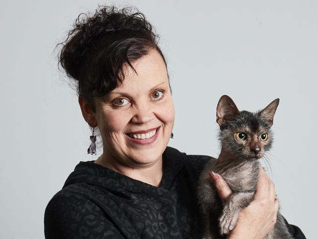 Kerry Faggotter with her Lykoi, Wolverine, 12 months, pose for a picture at the Royal Adelaide Show in Wayville, Friday, Sept. 6, 2019. Picture: MATT LOXTON