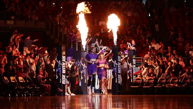 Andrew Bogut leads out the Kings against the Illawarra Hawks at Qudos Bank Arena.