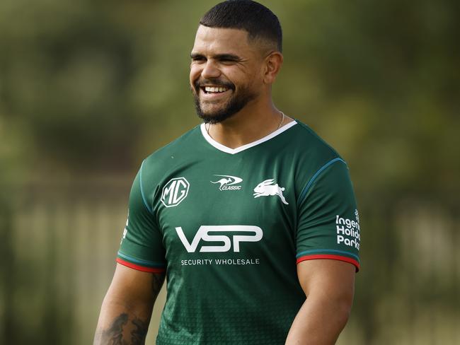 Injured South Sydney super star Latrell Mitchell was in attendance for the weigh-in. Picture: Darrian Traynor/Getty Images