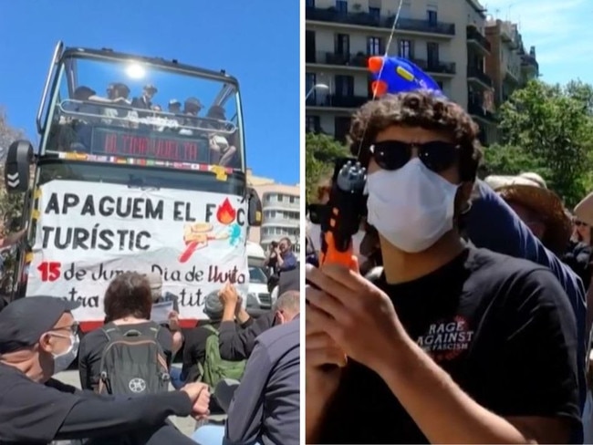 The tourists were shot at with water pistols during an anti-tourism rally in Barcelona.