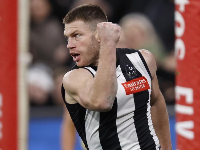 Taylor Adams celebrates a goal for the Pies in 2023. Picture: Darrian Traynor/Getty Images