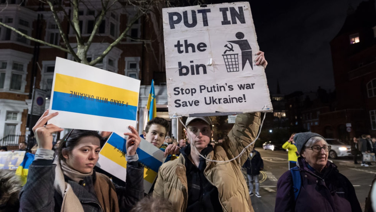 Protesters demonstrate outside the Embassy of the Russian Federation in London amid escalating threat of Russia's full-scale military invasion into the Ukraine. Picture: Wiktor Szymanowicz/Future Publishing via Getty Images