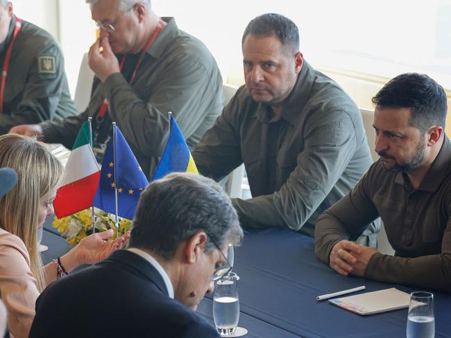 Ukraine's President Volodymyr Zelensky (right) speaks with Italy's Prime Minister Giorgia Meloni (left) during their bilateral meeting on the sidelines of the G7 Leaders' Summit in Hiroshima on May 20, 2023. Picture: Ludovic Marin / POOL / AFP