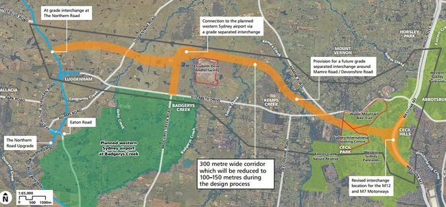 The Federal Government's preferred route for the M12 Motorway between the M7 at Cecil Hills and The Northern Rd at Luddenham, with an interchange at Badgerys Creek Airport.