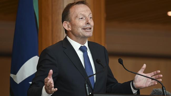 Former prime minister Tony Abbott said the party needed to “get off the fence” and return to Liberal values. Picture: NCA NewsWire/Martin Ollman