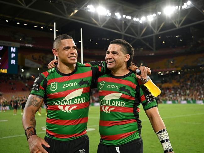 Dane Gagai and Cody Walker after the NRL Preliminary Final match between the South Sydney Rabbitohs and the Manly Sea Eagles at Suncorp Stadium on September 24, 2021 in Brisbane, Australia. Picture: NRL Photos.