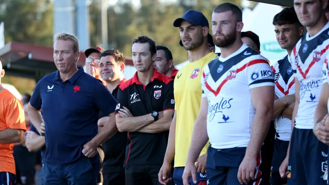 Roosters coach Trent Robinson (left) put his rookie Roosters to the test in the trial against Wests Tigers. Picture: Damian Shaw