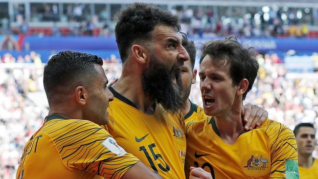 Mile Jedinak celebrates scoring at the World Cup. Picture: Toby Zerna