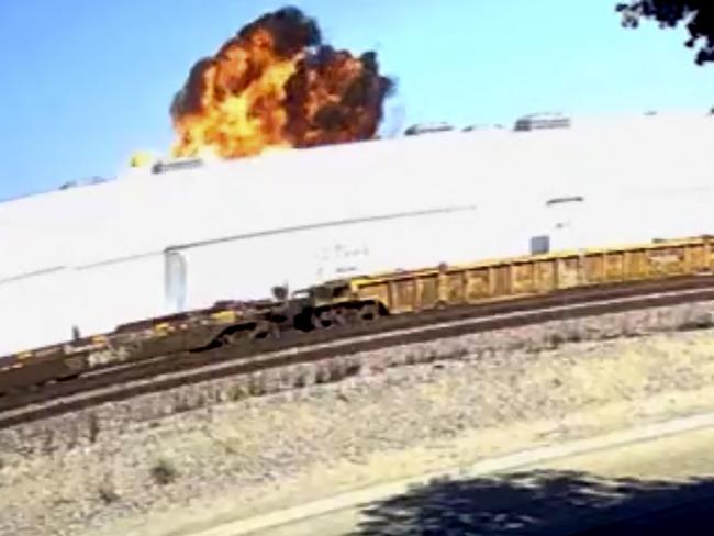 A fireball erupts after the plane slams into the warehouse. Picture: Rucci Forged / AP