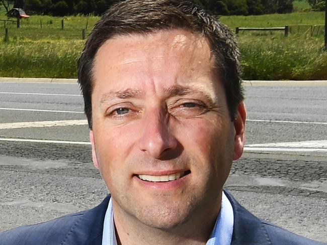 Victorian Opposition Leader Matthew Guy poses for a photograph outside of Warrnambool, Victoria, Tuesday, October 30, 2018. The opposition leader has announced that a Liberal Nationals Government will invest $1 billion in a new Road Fix Blitz program to repair country and regional roads. (AAP Image/James Ross) NO ARCHIVING