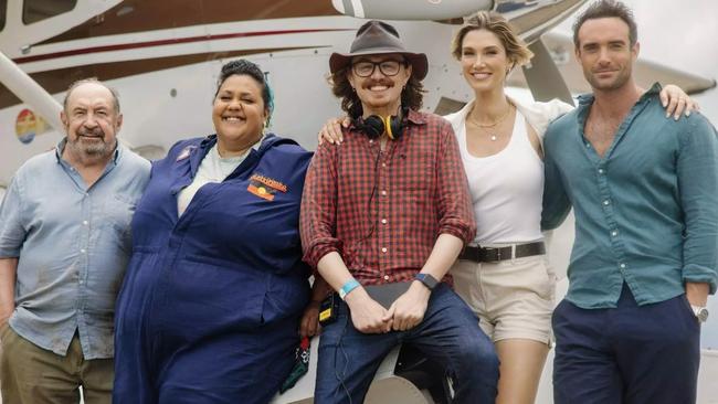 Billing, Steph Tisdell, director Adrian Powers, Delta Goodrem and Joshua Sasse on the set of Love is in the Air, at Whitsunday Airport Shute Harbour. Picture: David Fell, courtesy of Jaggi Entertainment.