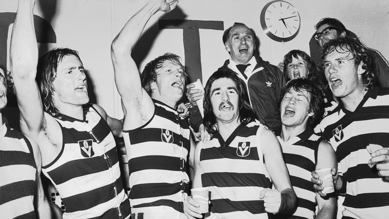 Michael Turner (left), celebrates an elimination final victory over Footscray in 1976 alongside Michael Woolnough, Paul Sarah, Bryan Cousins and Jack Hawkins.