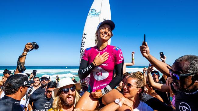 A delighted Sally Fitzgibbons after her major win on the world tour.