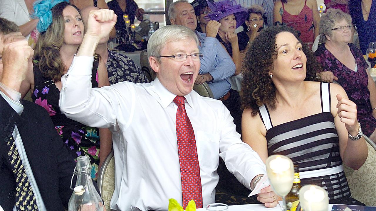 Prime minister Kevin Rudd cheers his Melbourne Cup horse, Shocking, home for a win at the Hervey Bay Boat Club.Photo: ALISTAIR BRIGHTMAN 09h2296u