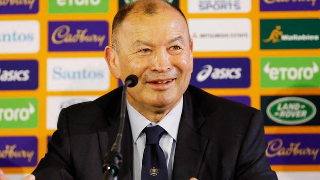 CORRECTION / In this handout photo taken on January 31, 2023 by Rugby Australia Karen Watson, Australian Eddie Jones addresses the press during the official announcement of his arrival as head coach for the Australian rugby team.