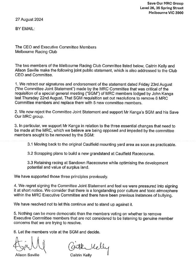 Alison Saville and Caitrin Kelly's letter, publicly released by the Save Our MRC Group.