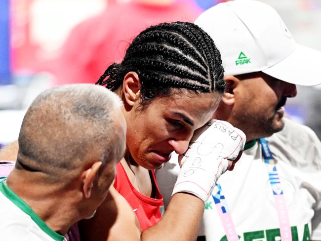 Imane Khelif broke down in tears after her quarter-final win over Luca Anna Hamori. Picture: Getty Images