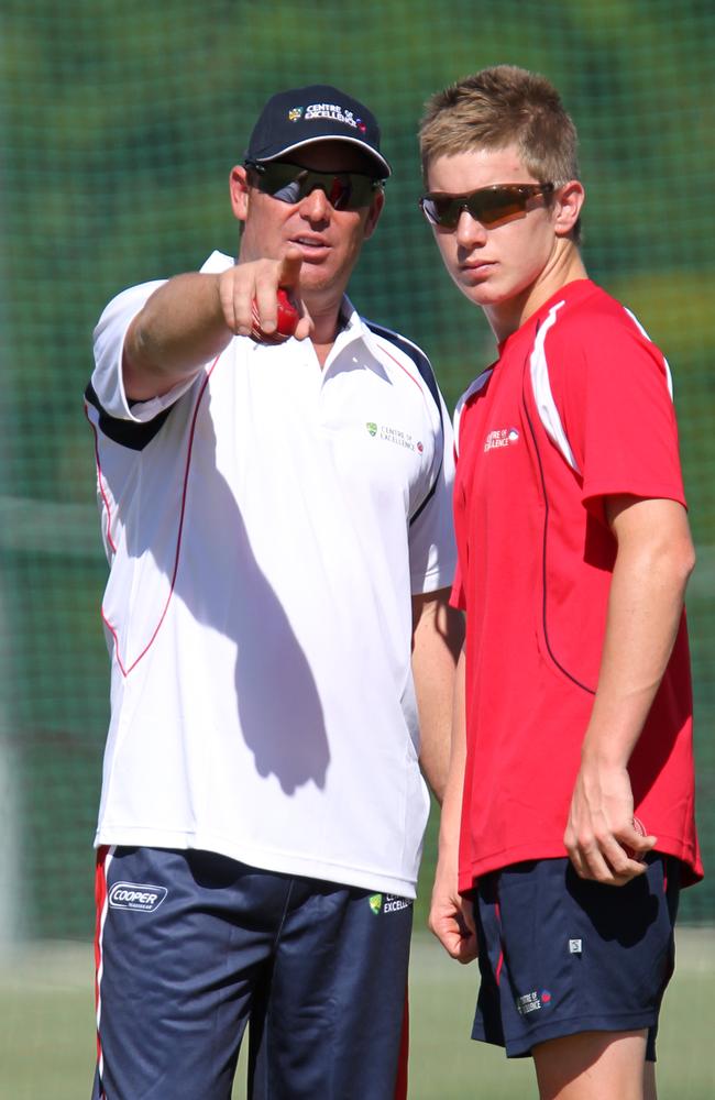 Shane Warne and Adam Zampa at Allan Border Field in 2010. Pic Darren England.