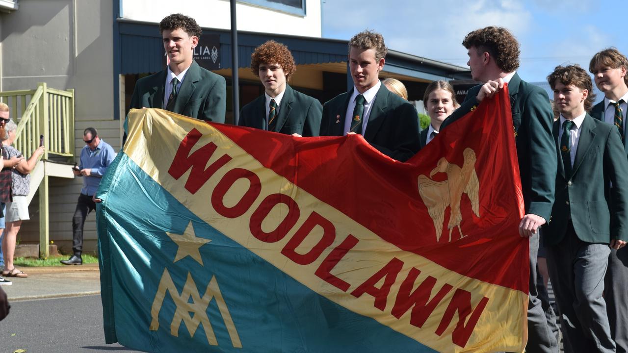 Students from Woodlawn High School participate in the ANZAC DAY parade on Main Street in Alstonville.