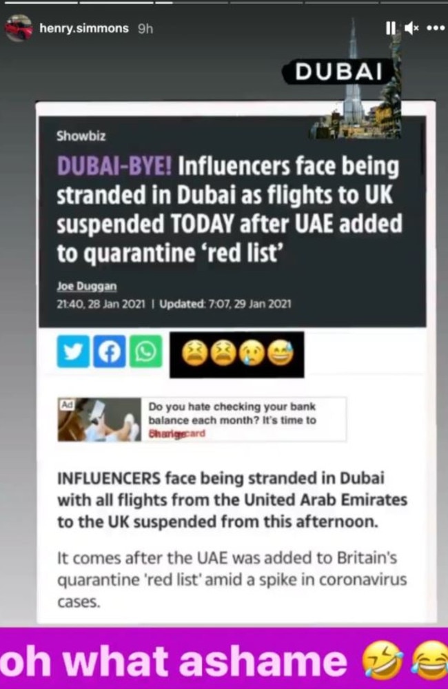 One reality star in the UAE shared this in response to news they couldn’t get home. Picture: Instagram