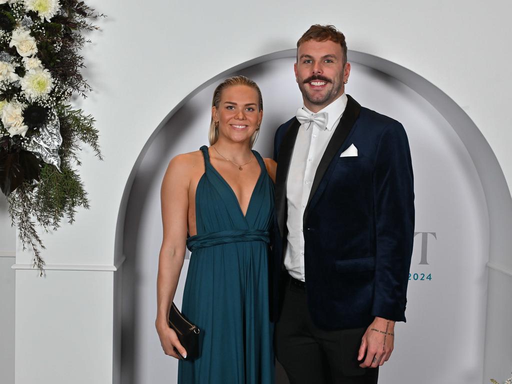 Kyle Chalmers and fiancee Ingie Loyning at the Port Adelaide Best and Fairest awards. Picture: Brenton Edwards