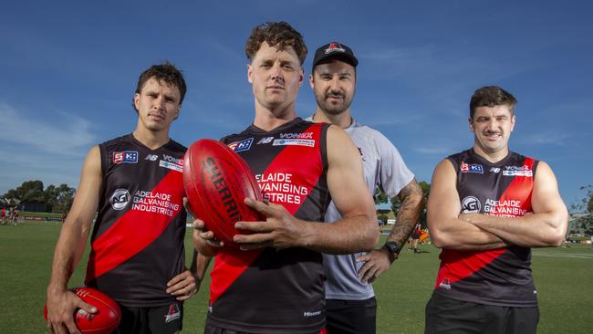 West Adelaide key recruit Brady Searle, new captain Isaac Johnson, coach Adam Hartlett and key recruit Patrick Wilson at Richmond Oval. Picture: Brett Hartwig