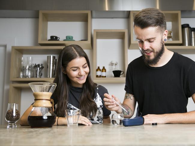 Seven Miles Coffee Roasters have launched a coffee science education centre (CSEC). Seven Miles asset manager Carina Parlas with Sam McLoughin who is part of CSEC. Picture: Dylan Robinson