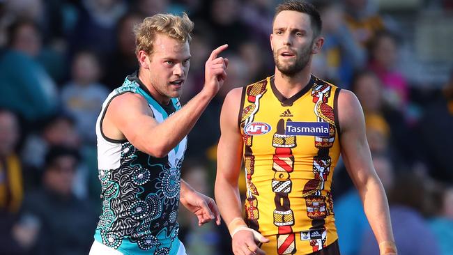 Jack Watts celebrates after kicking a crucial goal for the Power. Picture: Getty Images