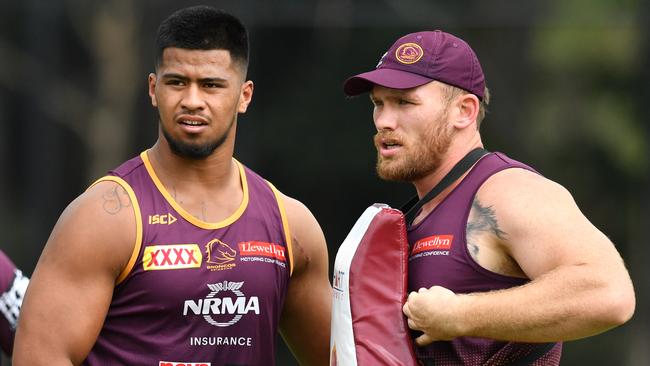 Payne Haas and Matt Lodge have formed a strong partnership in Brisbane. Picture: Darren England