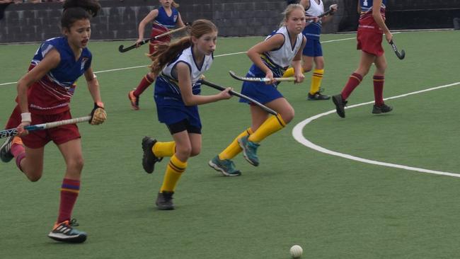 Gympie hosted the 2021 Under 13 Girls State hockey championships over the last four days, with Brisbane teams taking out two of the three division titles. Brisbane 1 winger Aryel Bisseling flies after the ball. Pictures: Josh Preston