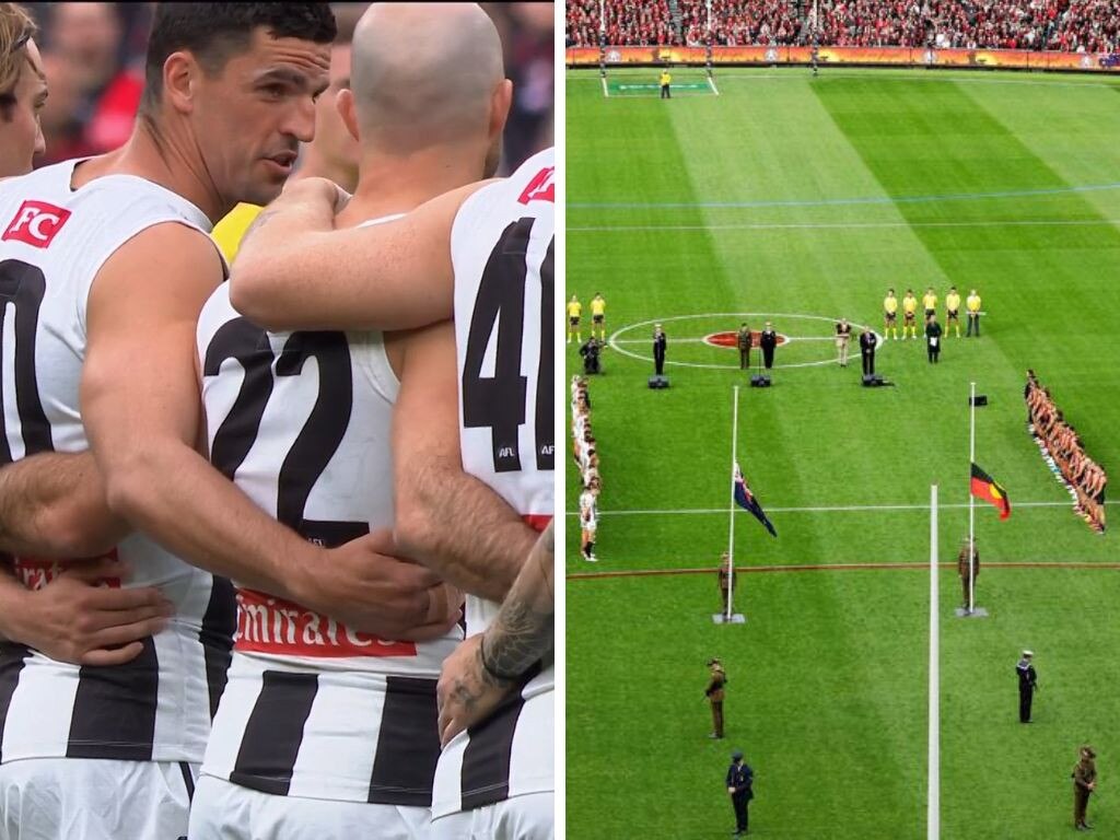 Scott Pendlebury during the Anzac Day ceremony. Photos: Fox Sports/News Corp