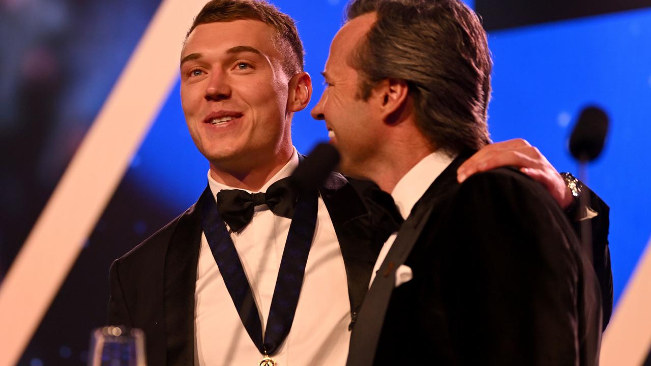 Patrick Cripps’ special moment on stage at the Brownlow medal. Photo by Morgan Hancock/AFL Photos/via Getty Images.