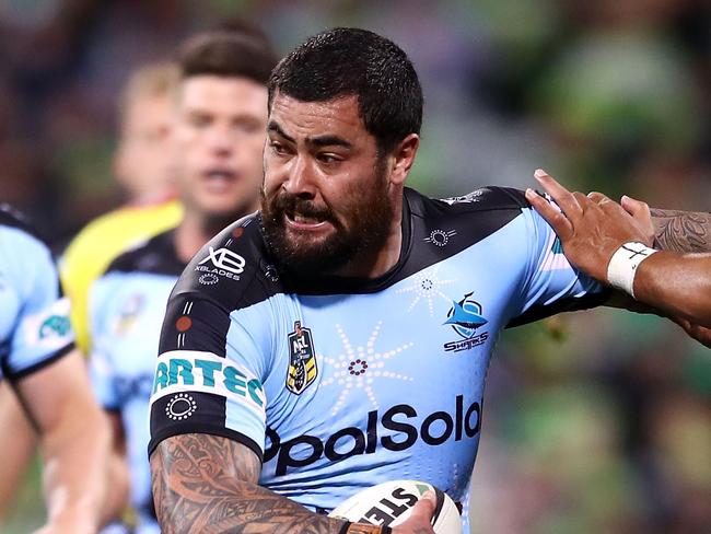 CANBERRA, AUSTRALIAN CAPITAL TERRITORY - MAY 13:  Andrew Fifita of the Sharks runs the ball during the round 10 NRL match between the Canberra Raiders and the Cronulla Sharks at GIO Stadium on May 13, 2018 in Canberra, Australia.  (Photo by Mark Kolbe/Getty Images)