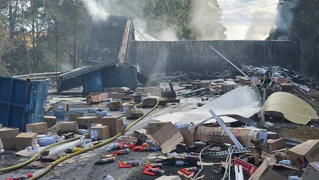 The contents o the trucks were strewn across the highway. Picture: Frank Redward