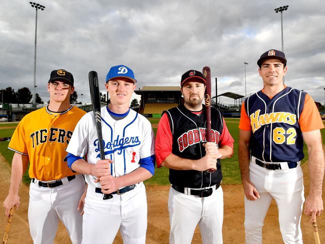 Mason Clavell (Glenelg), Kenyan Skein (Golden Grove Central Districts), Josh Cakebread (Goodwood), Matt Hutchings (Southern Districts) pictured ahead of the 2018/19 SA Baseball League season. Picture: AAP/Sam Wundke