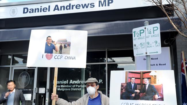 Protesters voice their concerns over Victoria’s increased financial links with China and its communist regime outside Daniel Andrews’ electoral office at Noble Park. Picture: Andrew Henshaw