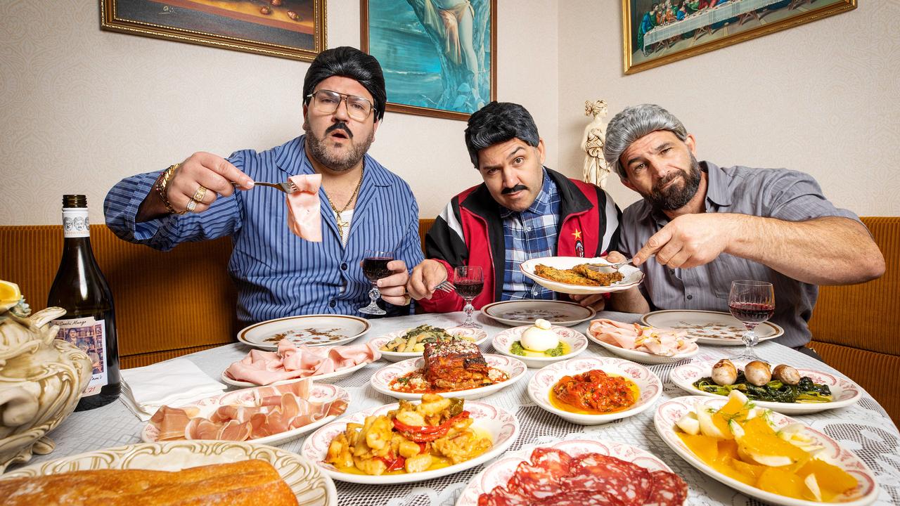 Sooshi Mango’s Carlton restaurant will have a pop-up at Flemington for the Melbourne Cup Carnival. Pictured: Joe Salanitri, Carlo Salanitri and Andrew Manfre in character. Picture: Mark Stewart