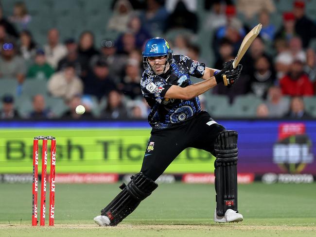 Jamie Overton of the Strikers plays a shot during the BBL match between Adelaide Strikers and Hobart Hurricanes at Adelaide Oval, on December 27, 2024, in Adelaide, Australia. PIcture: Getty Images